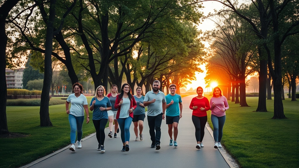 A diverse group of people walking together on a tree-lined path in a peaceful park during golden hour, showing community fitness activity and wellness