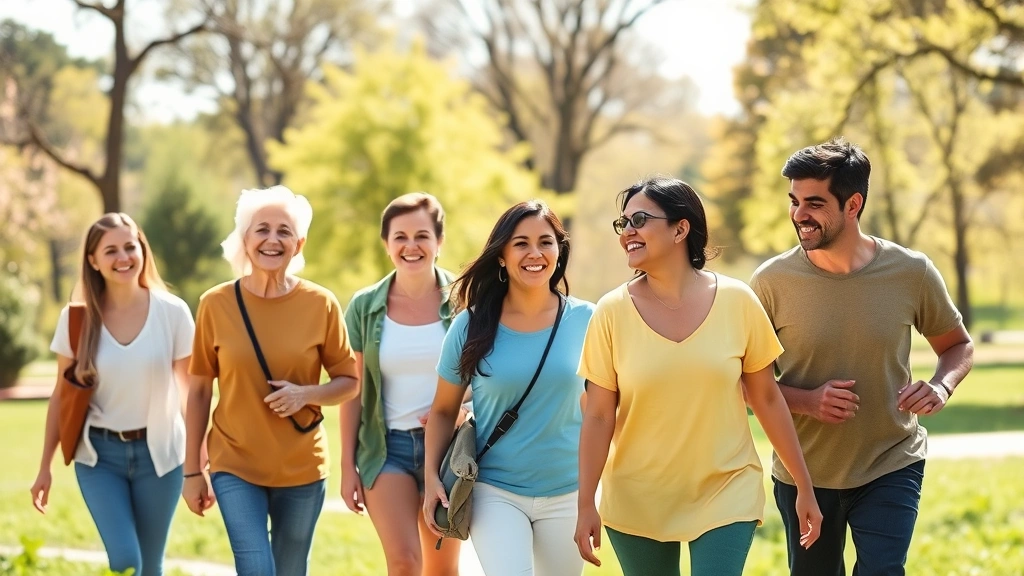 Diverse group of people walking together in beautiful park setting, natural scenery, genuine smiles, active community engagement, outdoor wellness activity in natural light