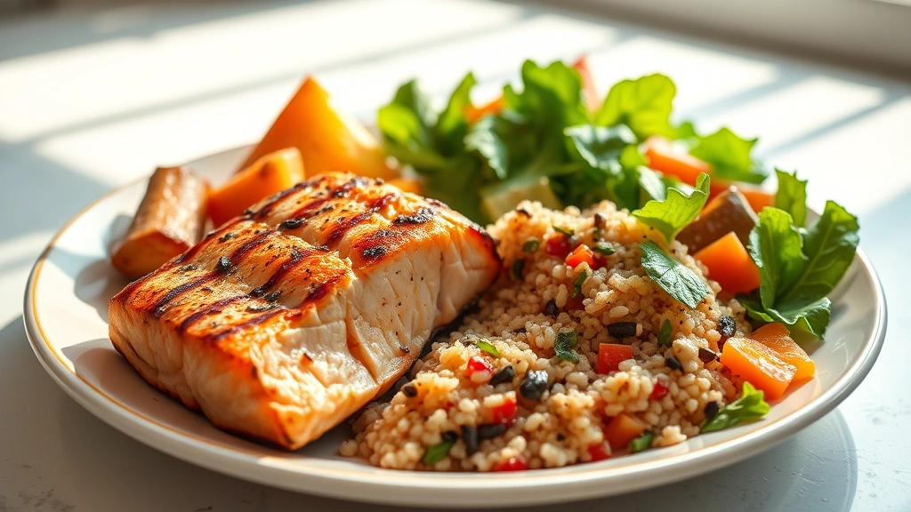 A colorful plate with grilled salmon, roasted vegetables, quinoa, and fresh salad, sunlit kitchen setting, healthy balanced meal presentation