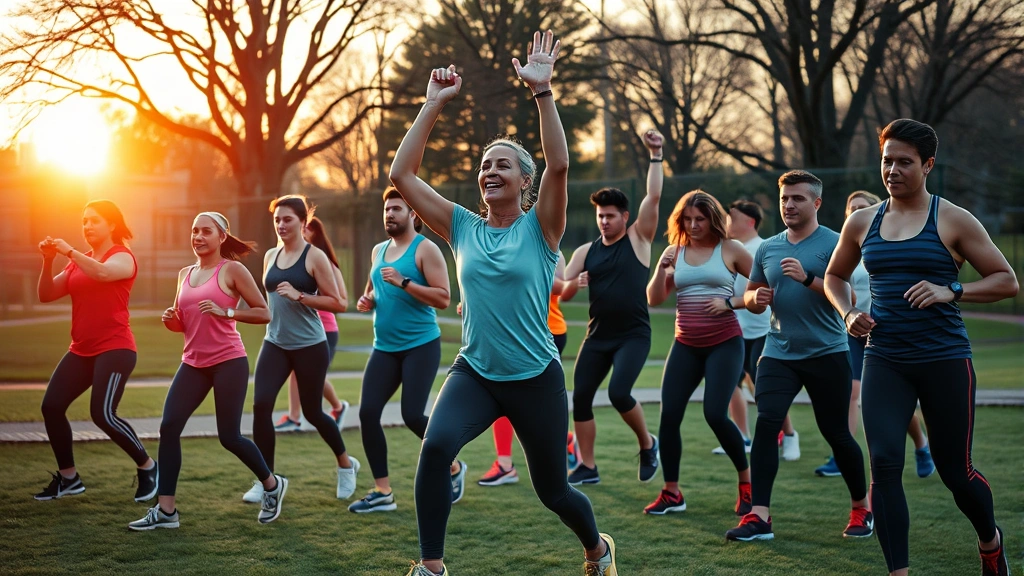 A diverse group of people exercising together outdoors in a park setting during golden hour, strength training and cardio activities visible, community fitness energy, photorealistic wellness scene
