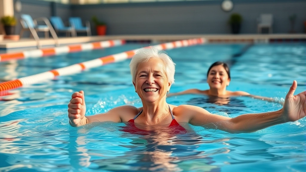 Active middle-aged person doing water aerobics in a community pool during cooler morning hours, smiling and engaged, clear water, bright wellness environment
