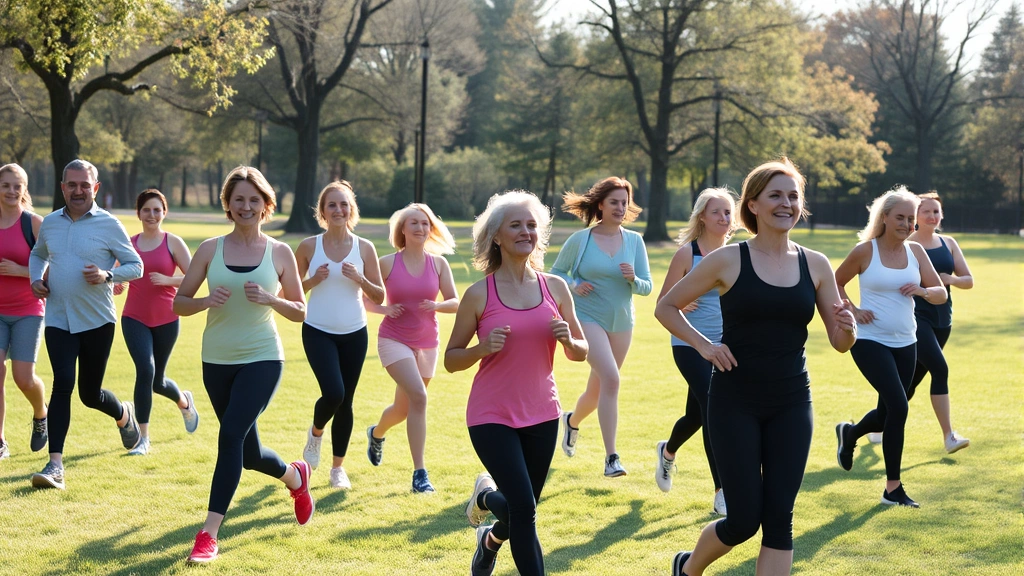 Diverse group of people exercising outdoors in park: Mixed ages and body types doing various activities including walking, stretching, and light cardio, morning sunlight, wellness-focused atmosphere