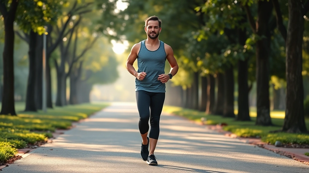 An adult walking outdoors on a tree-lined path in a park during morning light, wearing comfortable athletic clothes, appearing energized and peaceful with natural surroundings