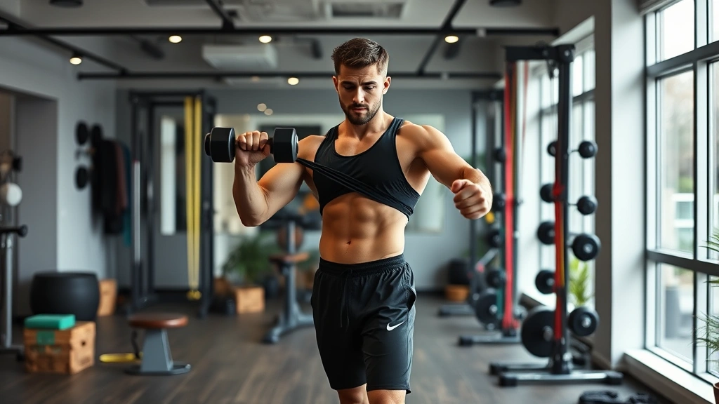 Fit individual doing compound exercise movements in modern home gym setting with dumbbells and resistance bands, showing proper form and strength training