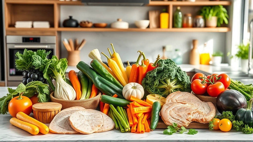 Colorful fresh vegetables and lean proteins arranged on modern kitchen counter, Mediterranean diet style, natural lighting, wellness-focused food preparation