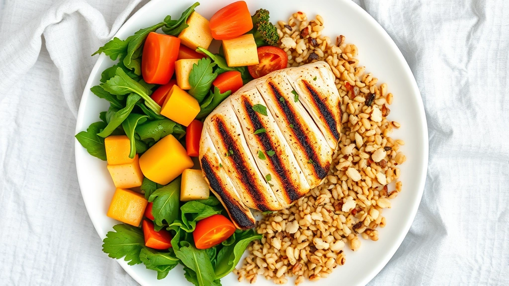 Overhead view of a colorful, balanced meal plate featuring grilled chicken breast, fresh vegetables, whole grains, and leafy greens on white dinnerware