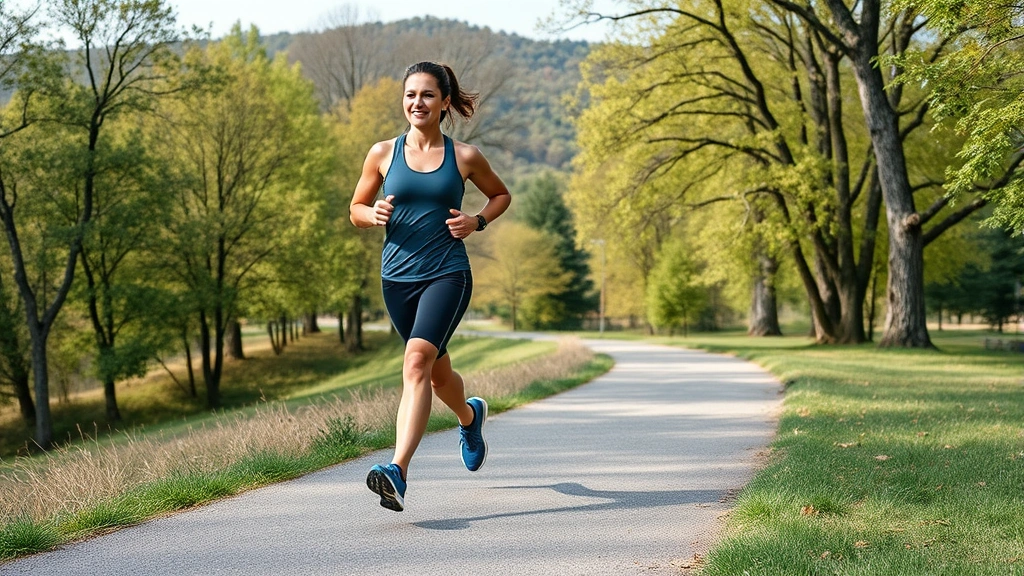 A fit person jogging on a scenic trail in a park setting with trees and natural landscape, wearing athletic attire, demonstrating outdoor exercise and physical activity in good weather