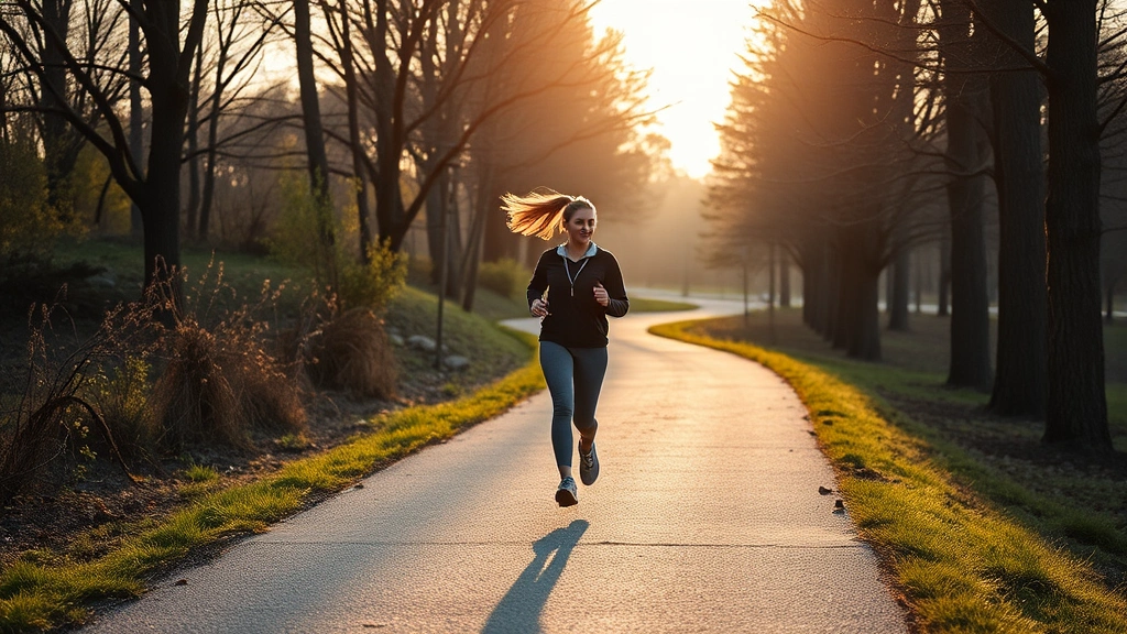 A woman jogging on a scenic park trail surrounded by trees and natural landscape during golden hour, showing wellness and outdoor fitness activity