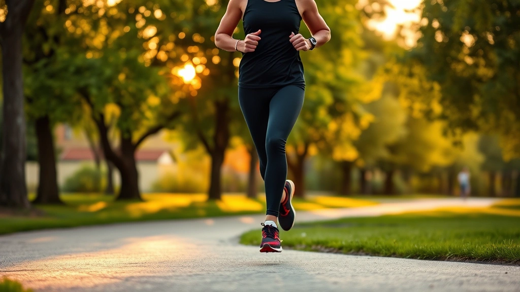 Person jogging through a scenic park during golden hour, wearing comfortable athletic clothing, trees and path visible, energetic and healthy appearance, outdoor fitness