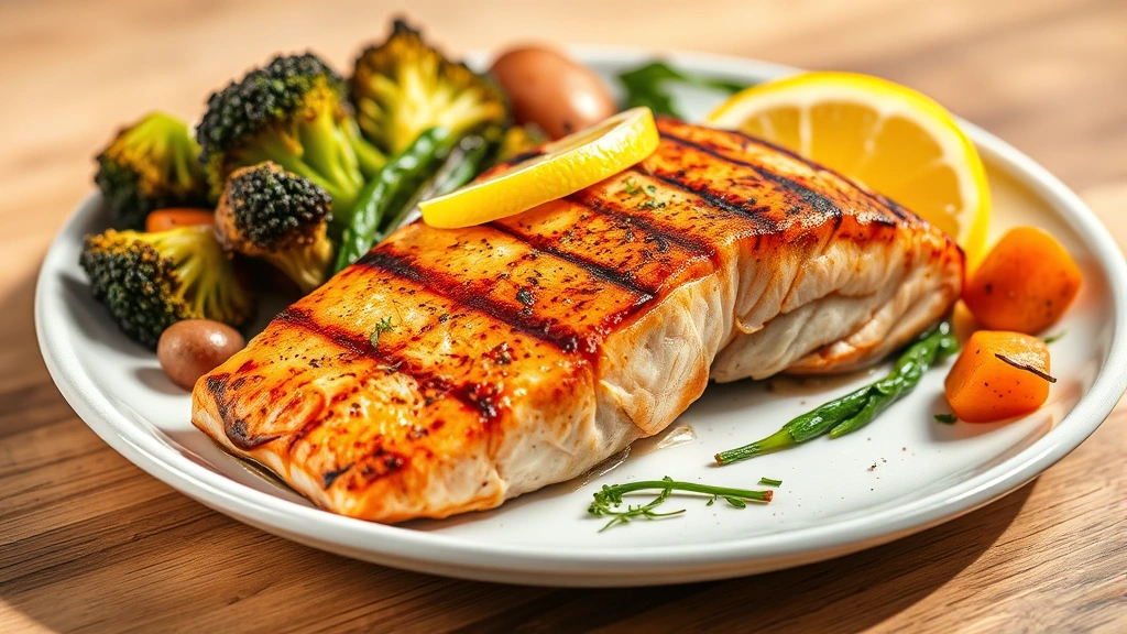 A colorful plate of grilled salmon fillet with roasted vegetables including broccoli, sweet potato, and leafy greens, garnished with lemon, professional food photography, bright natural lighting