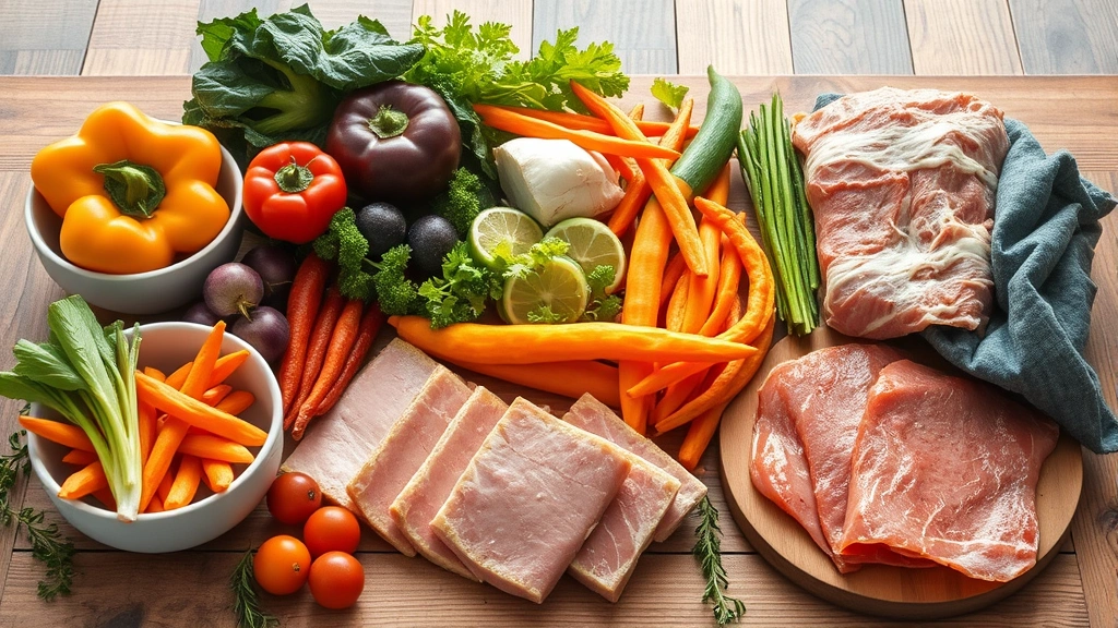 Colorful fresh vegetables and lean proteins arranged on a wooden table for meal preparation, natural lighting, photorealistic food styling