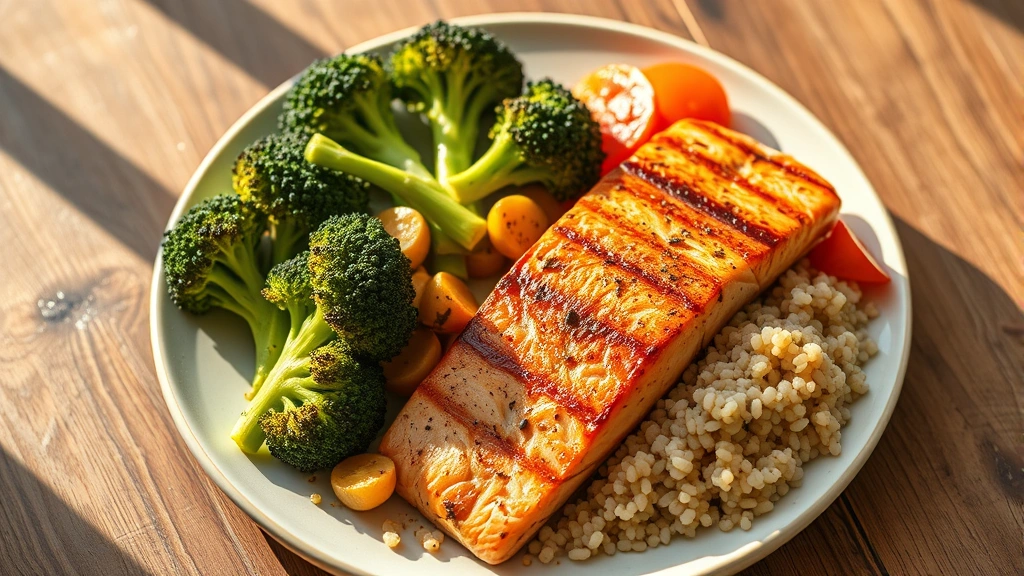 A nutritious plate with grilled salmon, steamed broccoli, quinoa, and colorful vegetables, photographed from above with warm natural lighting