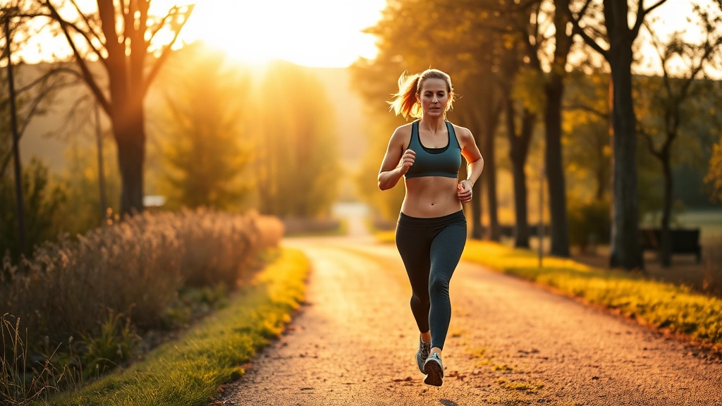 Active woman jogging outdoors on tree-lined path during golden hour, athletic wear, natural landscape background, healthy lifestyle imagery, motion and vitality conveyed