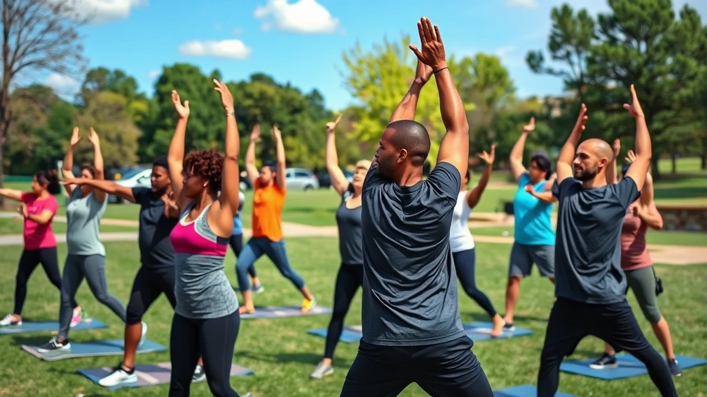 A diverse group of people at an outdoor fitness class in a Memphis park, doing stretching exercises together, showing community support and wellness engagement