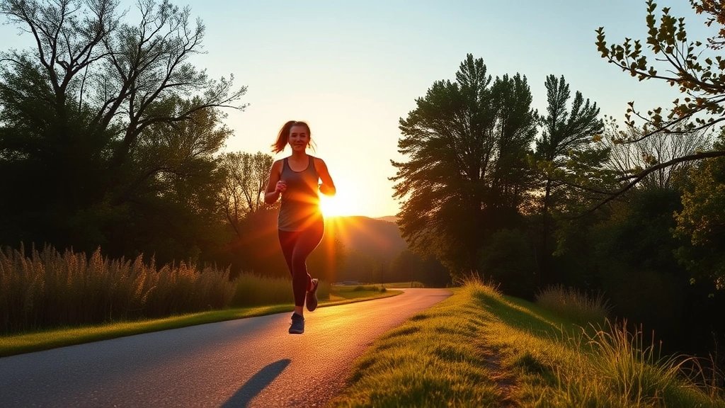 Woman jogging outdoors on tree-lined path during sunrise, energetic movement, natural Tennessee landscape, health-focused lifestyle imagery, peaceful morning atmosphere