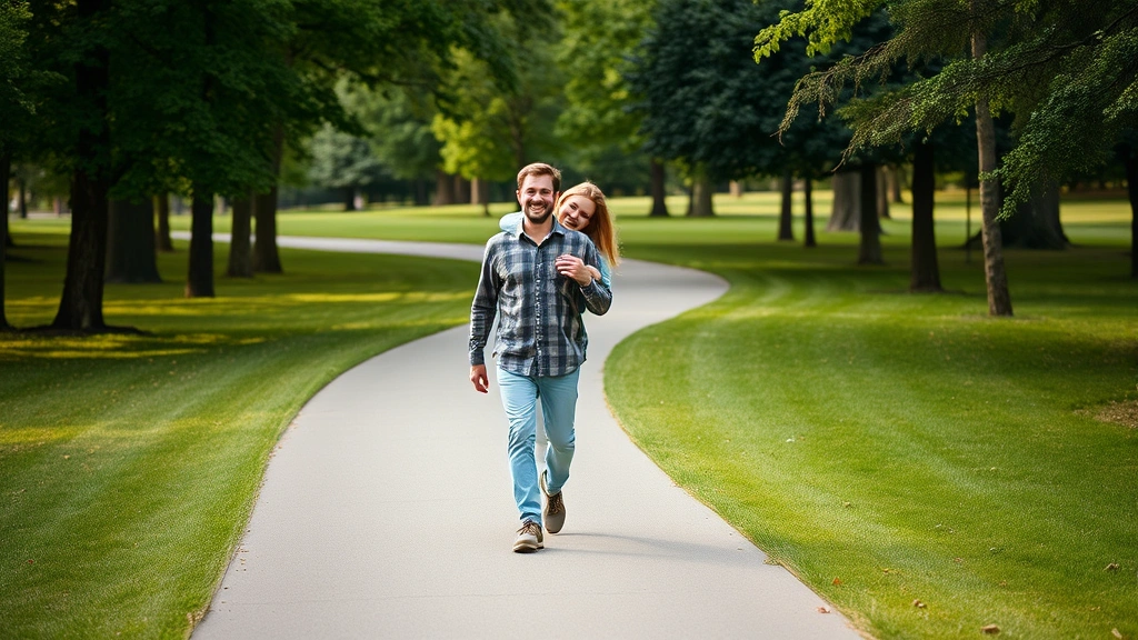 Happy couple walking together on scenic outdoor trail in green park setting, active lifestyle, natural surroundings with trees and open space, morning or afternoon light