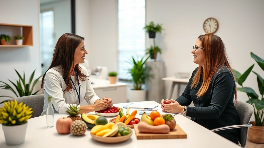 A registered dietitian or health coach consulting with a client in a modern wellness clinic office, showing supportive conversation with healthy food models on desk, professional healthcare setting, trustworthy and encouraging atmosphere