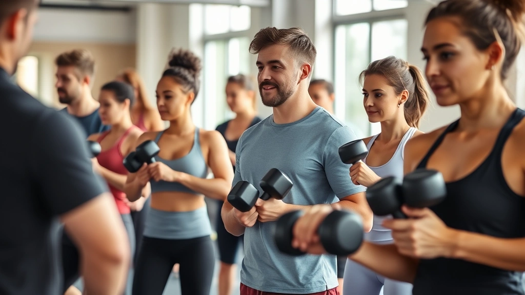 Group of diverse people in a fitness class doing strength training with dumbbells, supportive community workout atmosphere, natural lighting from windows