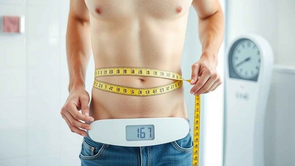 Person measuring waist with measuring tape while standing on scale in bright bathroom, showing progress tracking without numbers visible on scale face