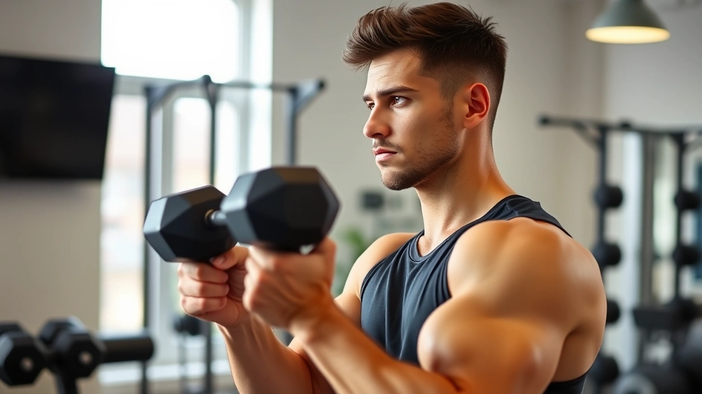 A person doing resistance training with dumbbells in a modern home gym setting, focused expression, clean bright space, no equipment displays or text