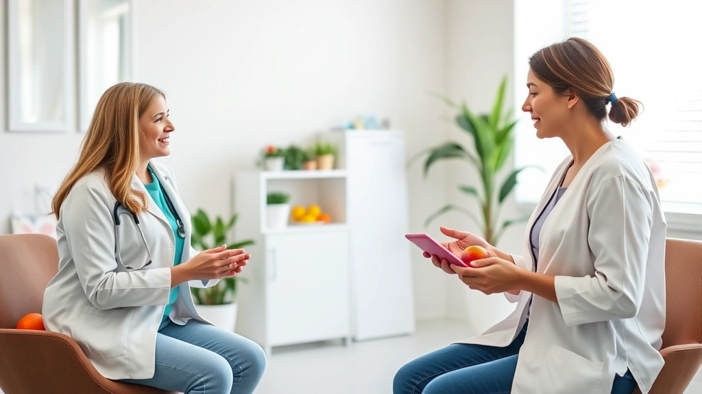 A registered dietitian or health professional consulting with a patient about nutrition in a bright, modern clinic office, showing professional healthcare support