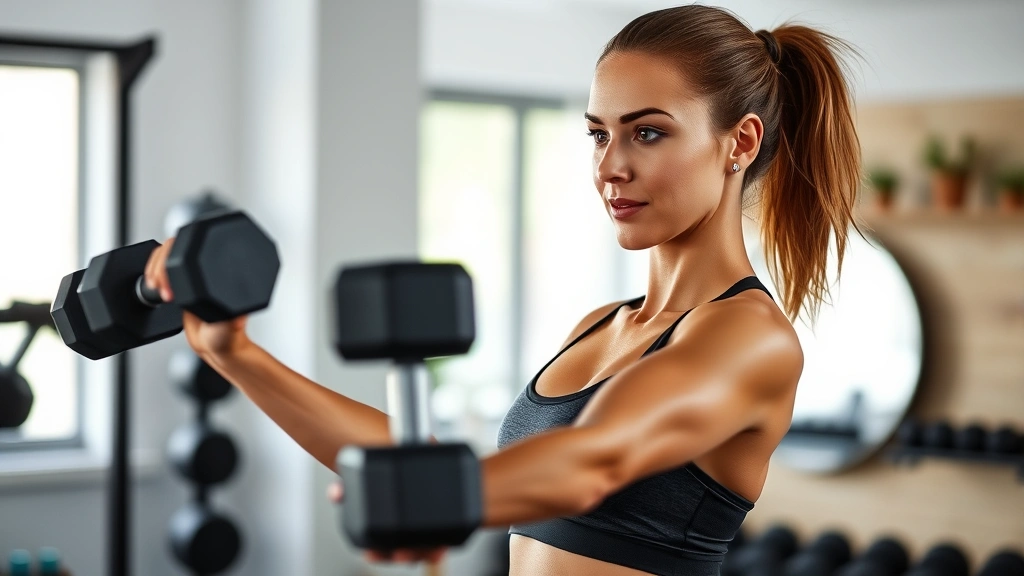 A woman in workout clothes doing strength training with dumbbells in a well-lit home gym, focused expression, showing proper form and confidence