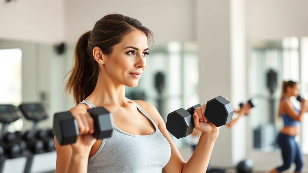Woman doing strength training with dumbbells in bright gym, focused expression, proper form, health-focused environment, natural lighting, empowering wellness moment