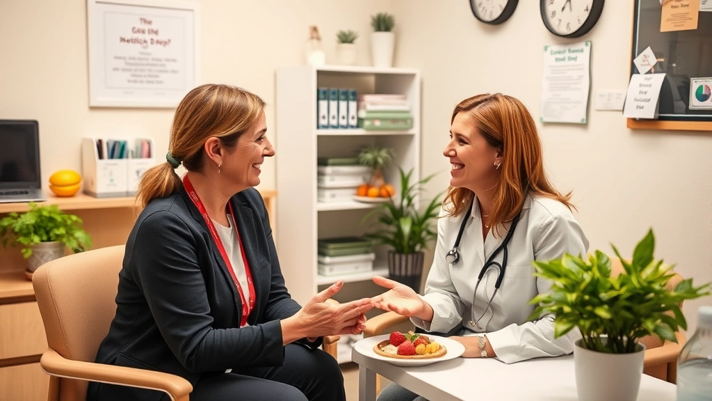 A healthcare provider or registered dietitian consulting with a patient during a nutrition counseling session, professional medical office environment, supportive and encouraging interaction, photorealistic clinical setting