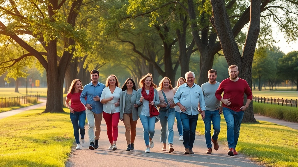Diverse group of people walking together on a tree-lined path in Shelby Farms Park near Memphis, morning light, supportive community atmosphere, healthy outdoor activity