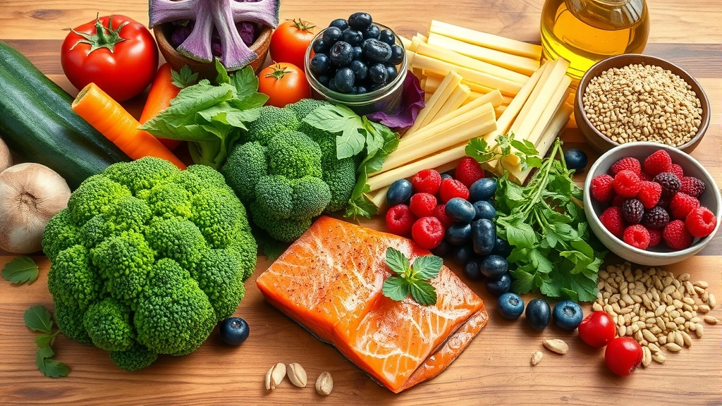 Colorful fresh vegetables and lean proteins on wooden table: Broccoli, salmon, berries, whole grains, nuts, olive oil, vibrant natural lighting, healthy Mediterranean-style food arrangement