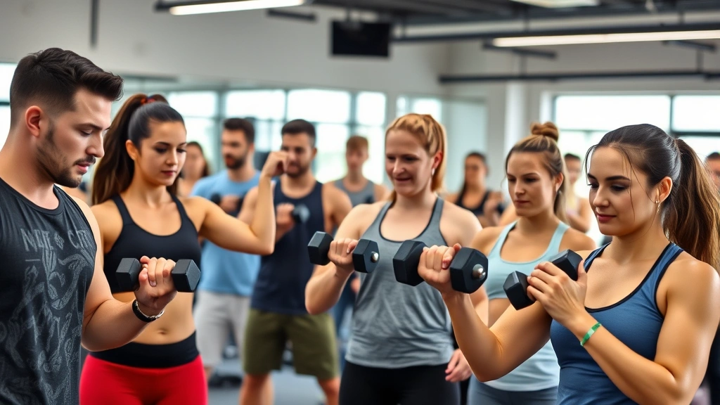 A diverse group of people in a fitness class setting doing strength training exercises together with dumbbells, focused and motivated, in a well-lit gym environment with supportive atmosphere