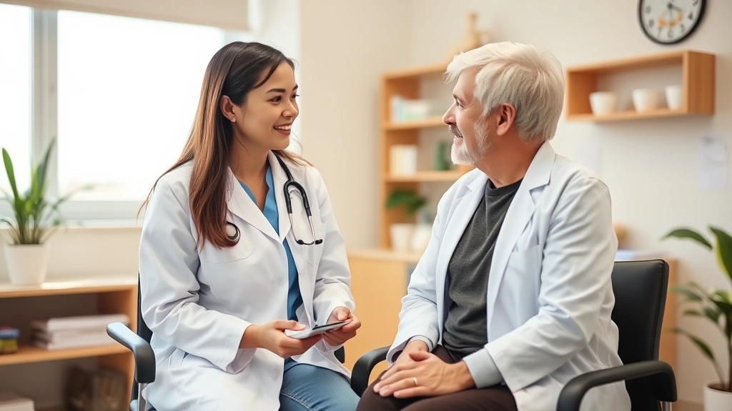 Healthcare professional in white coat consulting with patient in medical office, supportive environment, discussing health goals, compassionate medical care setting