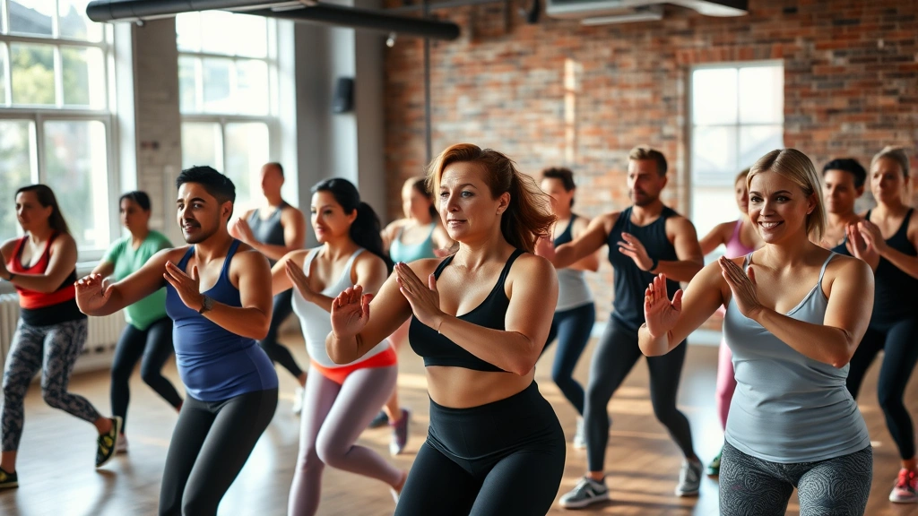 Group of diverse adults in a fitness studio during a group exercise class, engaged and motivated, natural lighting from windows, showing movement and community support