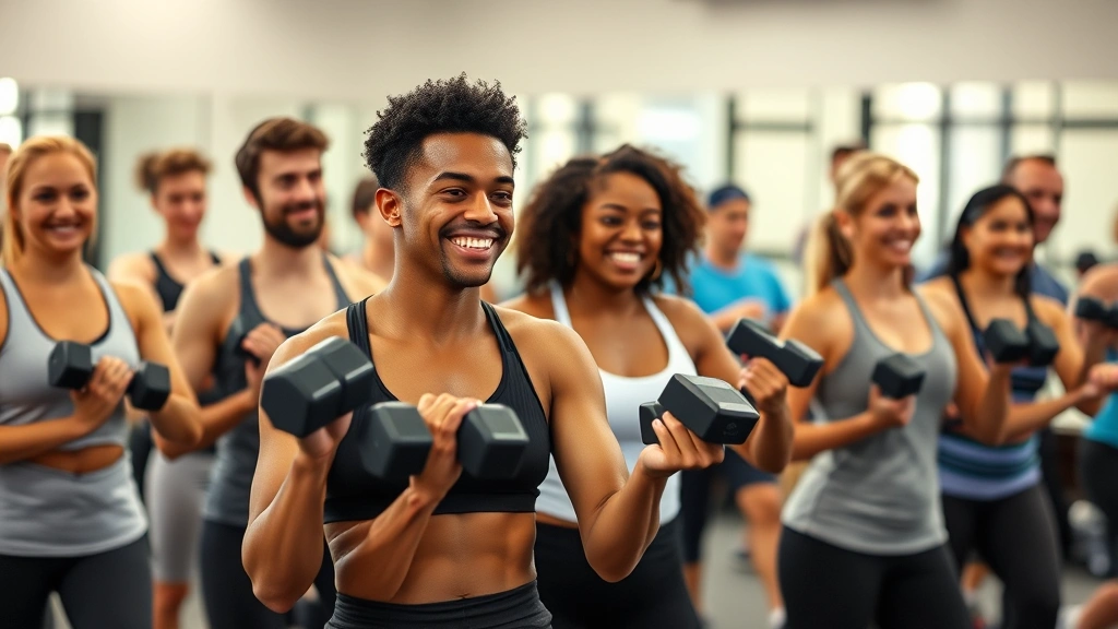 A diverse group of people in a fitness class doing strength training with dumbbells, smiling and engaged, showing community support and motivation in a gym environment