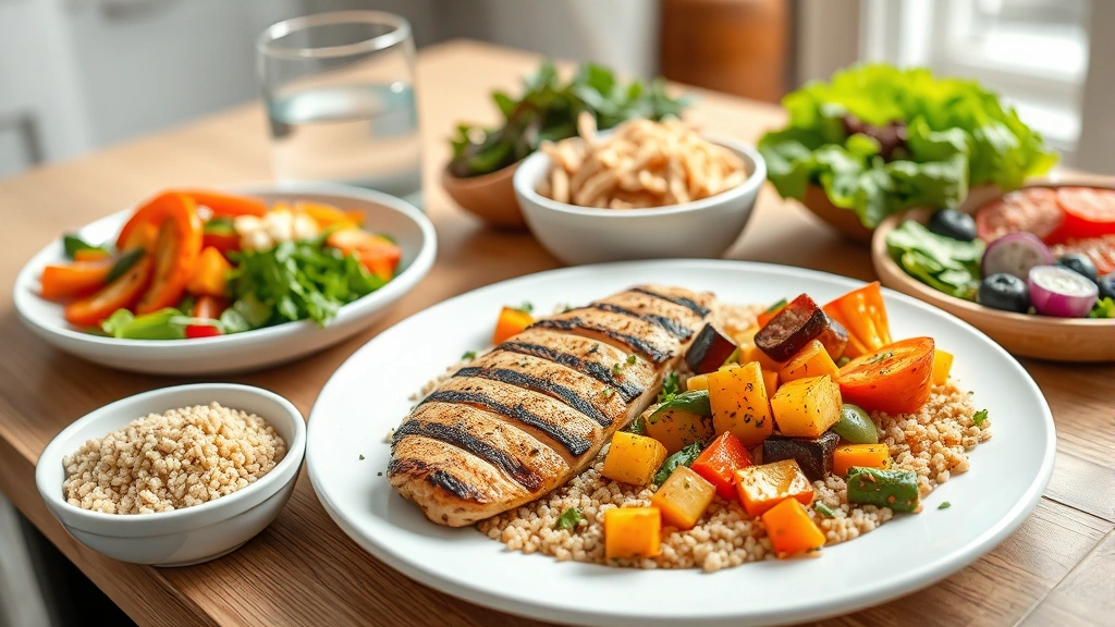 Nutritious meal spread on wooden table featuring grilled chicken breast, colorful roasted vegetables, quinoa, fresh salad, water glass, bright natural kitchen lighting, appetizing healthy food photography