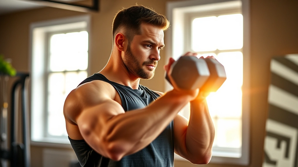A person performing resistance training with dumbbells in a home gym setting, focused expression, proper form during bicep curl, morning sunlight through window, motivational and professional