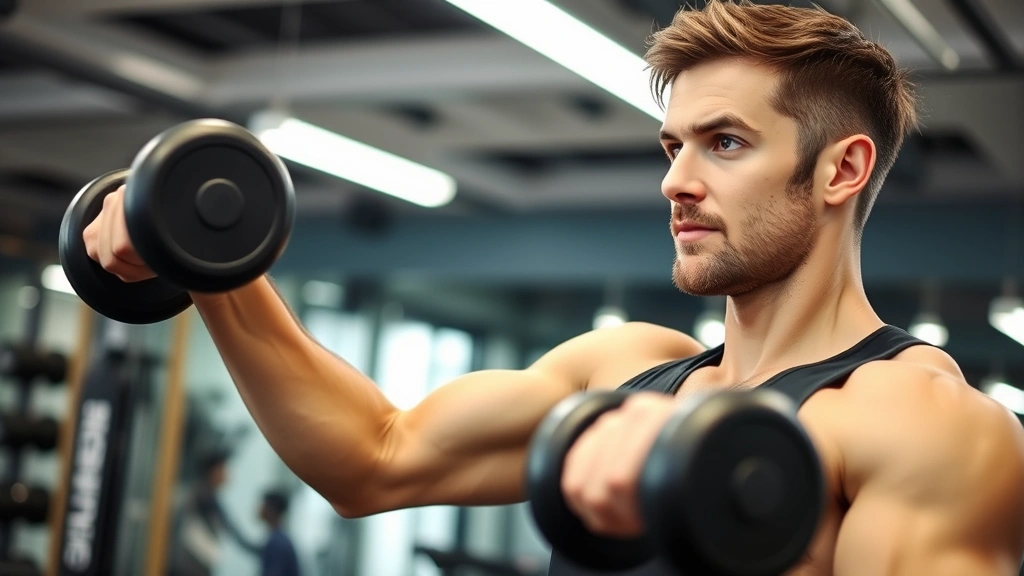 A person doing resistance training with dumbbells in a modern gym setting, focused expression, professional wellness environment photography