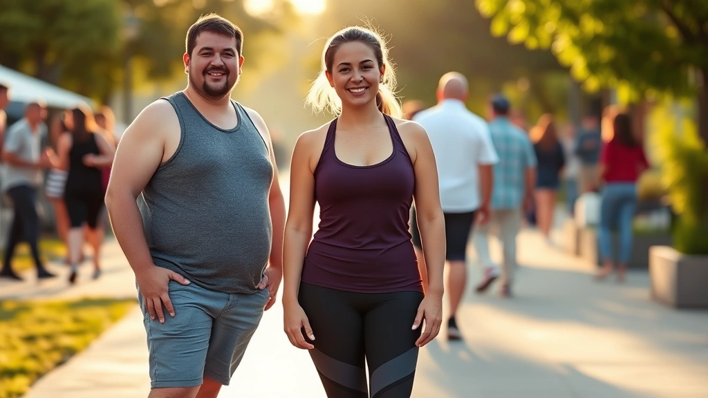 A person standing confidently outdoors after successful weight loss transformation, wearing comfortable athletic clothes, smiling naturally, surrounded by nature or community setting, warm golden hour lighting