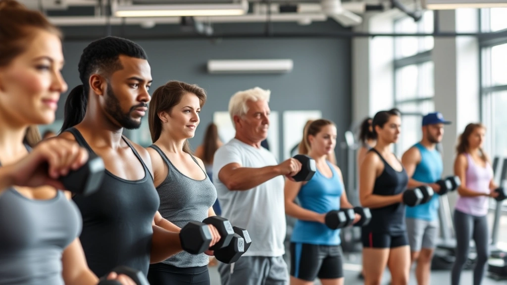 Diverse group of people doing resistance training in a modern gym facility, using dumbbells and equipment, supportive atmosphere, bright and clean environment, multiple ages represented