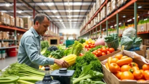 Costco warehouse member selecting fresh organic vegetables and produce from display section with natural lighting