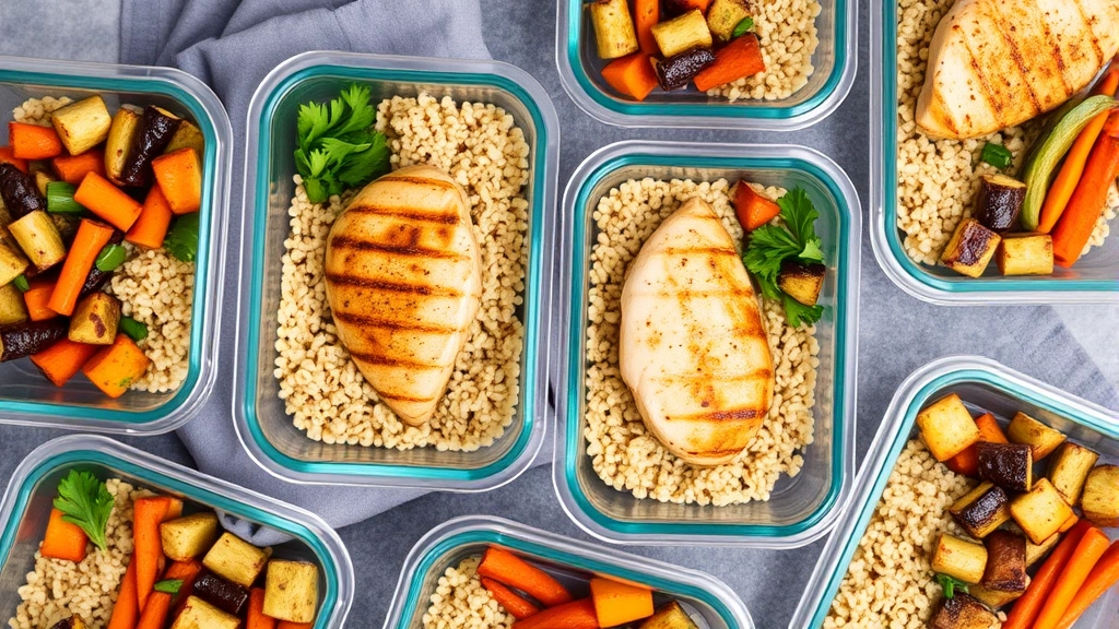 Overhead view of meal prep containers with grilled chicken breast, quinoa, and roasted vegetables prepared for weekly portions
