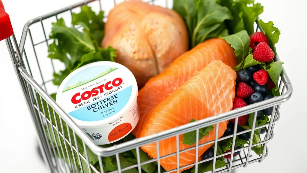 Close-up of Costco shopping cart filled with rotisserie chicken, salmon fillets, Greek yogurt, berries, and leafy greens on white background