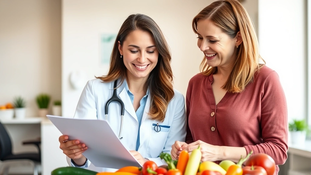 Professional female registered dietitian nutritionist reviewing colorful fresh vegetables and whole foods with a smiling middle-aged woman client in a bright medical office, both looking at nutritional information, natural lighting, warm and supportive atmosphere