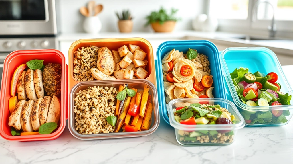 Colorful meal prep containers with grilled chicken, quinoa, roasted vegetables, and fresh salad ingredients on modern kitchen counter
