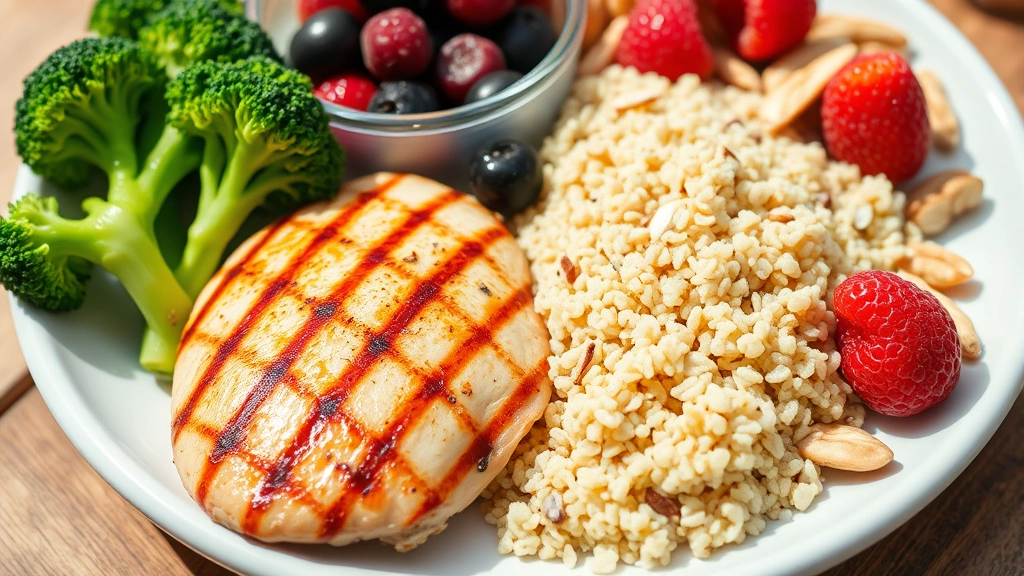 Close-up of fresh, healthy meal components on a wooden table including grilled chicken breast, quinoa, steamed broccoli, berries, and nuts, natural sunlight, appetizing presentation showing nutrient-dense whole foods