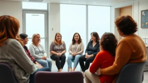 Diverse group of adults in a bariatric surgery support group meeting, sitting in a circle having supportive conversation in a bright, welcoming clinical setting, professional healthcare environment
