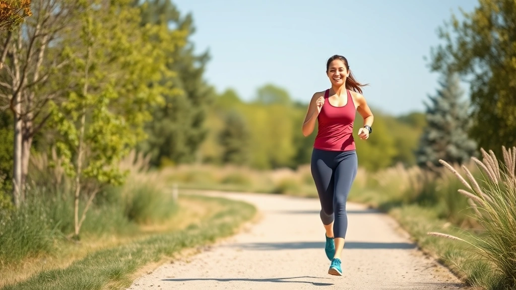 Active adult woman jogging on a sunny trail in a park, athletic clothing, smiling with confidence, scenic natural background showing health and wellness achievement