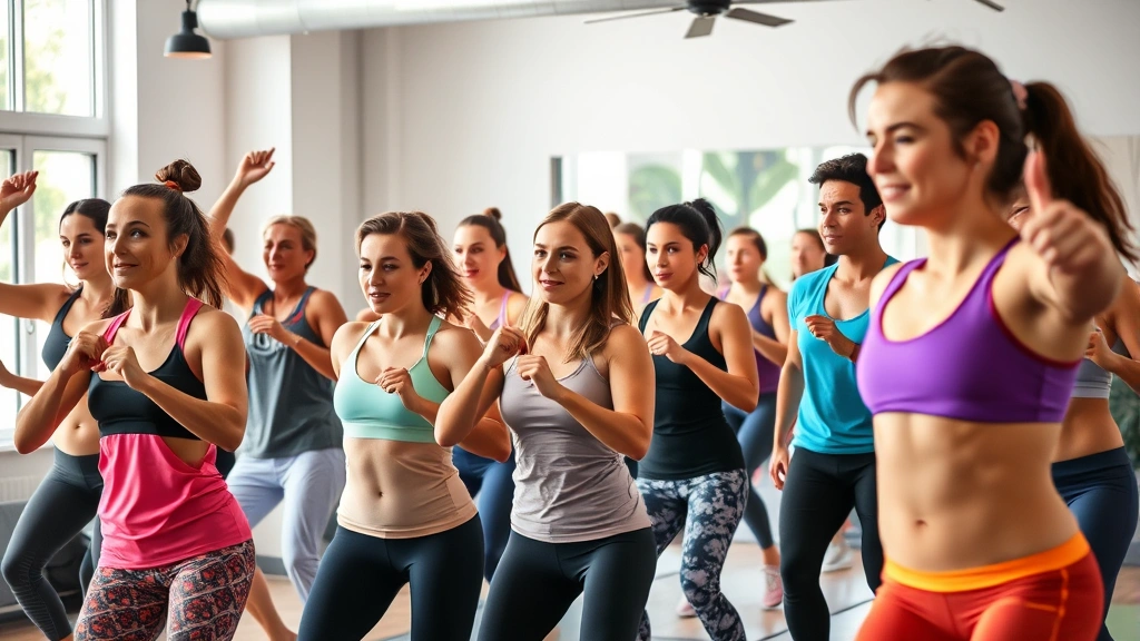 Diverse group of people exercising together in bright gym environment with natural light, showing various fitness activities, motivational and supportive atmosphere