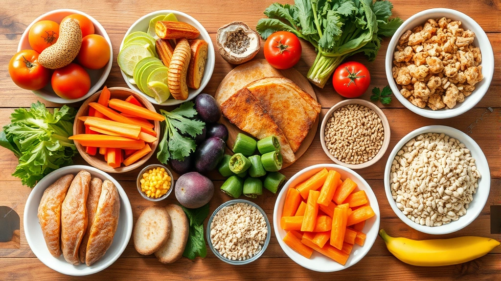 Healthy meal spread on wooden table including fresh vegetables, lean proteins, whole grains, and colorful fruits in natural daylight, appealing and nutritious presentation
