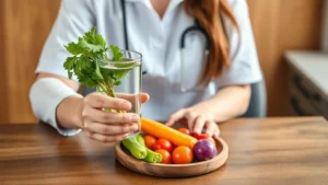 A person holding a glass of water and fresh vegetables on a wooden table, demonstrating healthy hydration and nutrition during medical treatment, natural lighting, wellness-focused composition